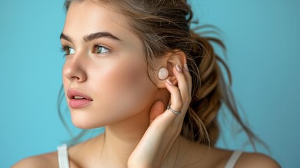 Fototapeta premium a young woman with her eyes closed and wearing headphones. a therapy sound