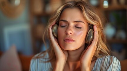 Fototapeta premium a young woman with her eyes closed and wearing headphones. a therapy sound