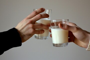 Two people are holding glasses of milk and raising them in a toast