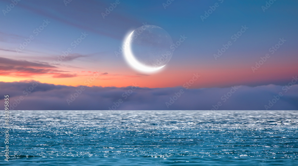 Poster ramadan concept - abstract background with crescent moon over the sunset
