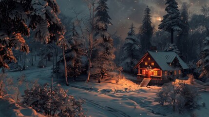 Cozy Cabin in A Snowy Forest for Winter Holiday Designs