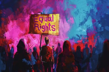 Protest scene with person holding "Equal Rights" sign in vibrant colors. Crowd and dynamic background, representing activism and fight for equality. Highlighting support for LGBTQ+ rights