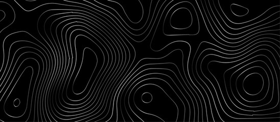 Abstract black background paper cut style with white wave curve line Luxury concept. Panorama view topography map contour background. Vector illustration. Line topography map contour background.