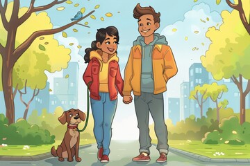 Cheerful couple walking dog in city park. Colorful autumn leaves and joyful expressions. Celebrating love, inclusivity, and diversity in a lively urban setting. Highlighting LGBTQ+ happiness and unity