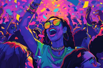 Crowd of people with arms raised in celebration, colorful event. Woman in foreground with sunglasses and jewelry exudes joy and excitement, embodying the spirit of Pride Month and LGBTQ+ pride.