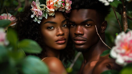 Obraz premium a young black couple in love, surrounded by flowers, natural light, soft focus, romantic, dreamy 