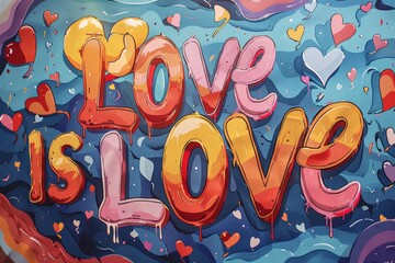 Love is Love" text in 3D balloon letters with heart decorations. playful design emphasizes celebration of LGBTQ+ pride, love, and unity, creating a cheerful and artistic representation of acceptance
