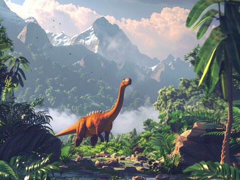 a dinosaur standing in a jungle on sunny day with mountains in the background