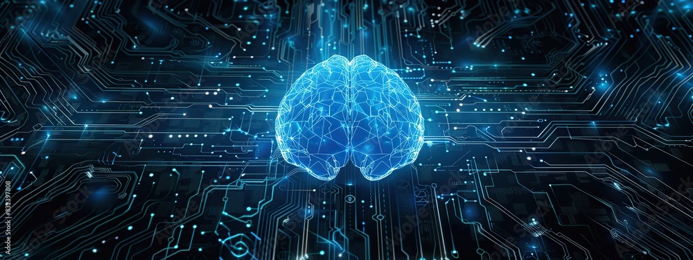 Poster computer chip with virtual human brain in futuristic blue color for digital technology and artificia
