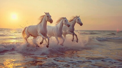 Some white horses running on the beach, sunset, water splashes