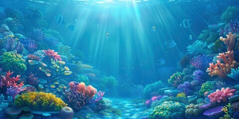 A beautiful coral reef with colorful corals and sun rays shining down - Powered by Adobe