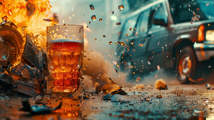 DUI concept. Image of a drunk driving accident with a big glass of beer