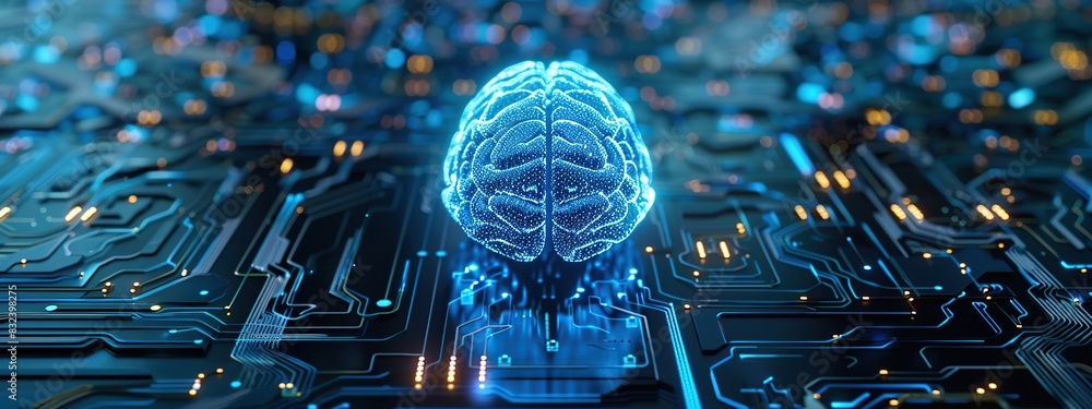 Poster computer chip with virtual human brain in futuristic blue color for digital technology and artificia