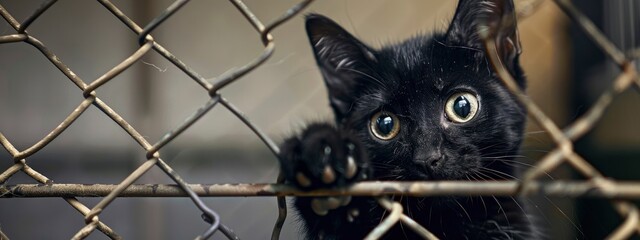 A black cat in a cage at an animal shelter, looking out with a paw on the fence, with a surprised and curious expression.