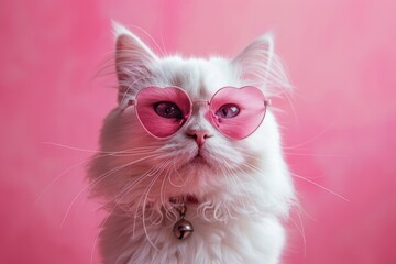 White cat wearing pink heart shaped sunglasses