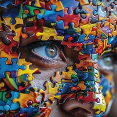 Persons face covered in puzzle pieces
