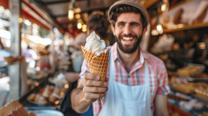A handsome Italian young man ice cream seller holds out his hand with vanilla ice cream cone.