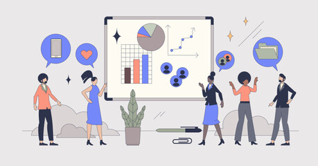 Personal development and self growth tiny person neubrutalism concept. Profit statistics with improvement in sales and employee accomplishments vector illustration. Objective success and achievement.