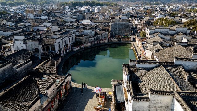 Aerial of Hongcun historical village, UNESCO World Heritage Site, Huangshan, Anhui, China