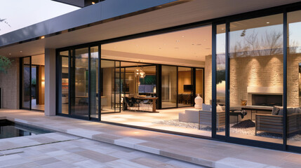 Obraz premium The entrance to a private home is of modern minimalist design, with large glass sliding doors and windows.