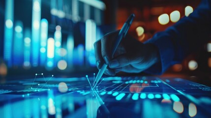 analysis working with the latest financial results. Analysis of sales forecast graphs, financial accounting with hand writing Abstract digital effect for background