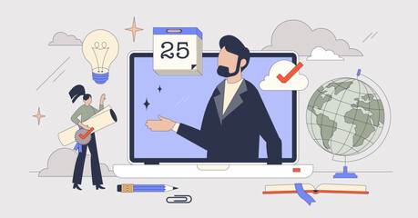 Online courses and distant e-learning course tiny person neubrutalism concept. Web platform with internet education for effective knowledge and personal development vector illustration. Video meeting