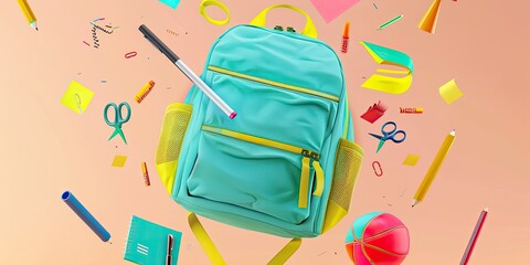 a image of a backpack with school supplies flying around it