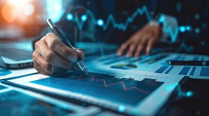 analysis working with the latest financial results. Analysis of sales forecast graphs, financial accounting with hand writing Abstract digital effect for background