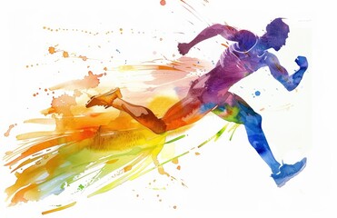 watercolor colorful abstract running athlete painting on white background with colour splash