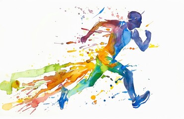 watercolor colorful abstract running athlete painting on white background with colour splash