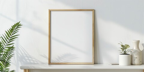 thin light wood picture frame mockup, blank canvas, white wall, neutral color palette on white background