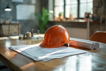 Design Studio, Orange helmet with rolled blueprints in bright office, Architectural Preparation