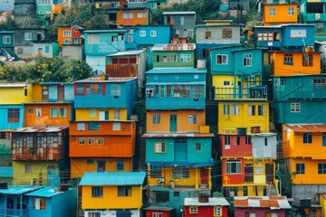 Hillside Shantytown, Vibrant stacked houses on a hillside, Urban Architecture