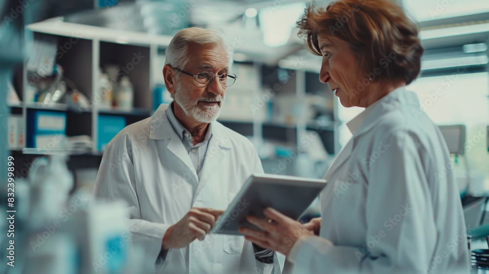 Poster a senior scientist in a lab coat discusses research findings with a colleague in a laboratory settin