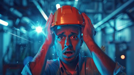 Working people are stressed. telephoto lens realistic hyper realistic warning light blue