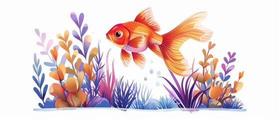 Vibrant watercolor illustration of a goldfish swimming among colorful aquatic plants creating a serene underwater scene.