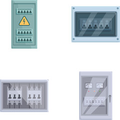 Collection of four isolated electrical panels and breaker boxes for circuit safety