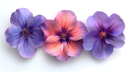 Fototapeta premium Creative layout of various pink and purple flowers on a white background. Banner with flat delicate pansies with space for text