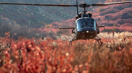 close-up photo of an helicopter is flying over a field of red grass