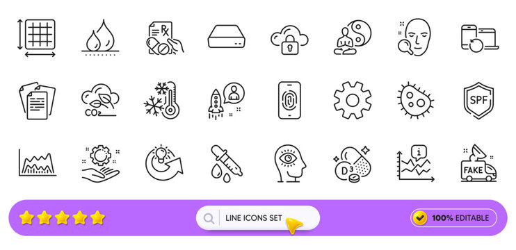 Co2 gas, Recovery devices and Waterproof line icons for web app. Pack of Square area, Prescription drugs, Employee hand pictogram icons. Fake news, Startup, Freezing signs. Face search. Vector