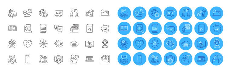 Smile chat, Download file and Globe line icons pack. Business skill, Info, Accounting report web icon. Auction, Loyalty points, Cloud server pictogram. Businessman case, Leadership, Interview. Vector