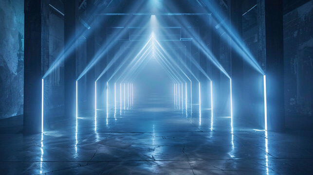 Fluorescent beams of light forming a geometric pattern in a futuristic setting