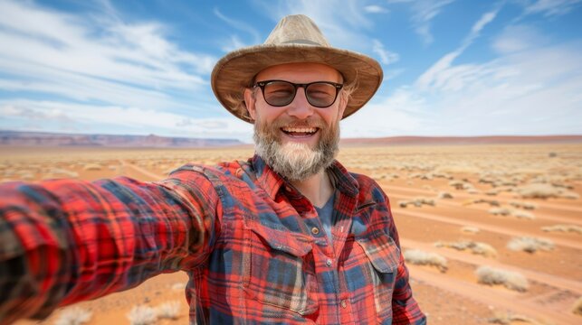 Man joyfully selfies in desert under bright daylight, capturing a moment of happiness
