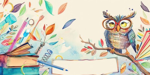 Naklejka premium a image of a watercolor painting of an owl sitting on a branch