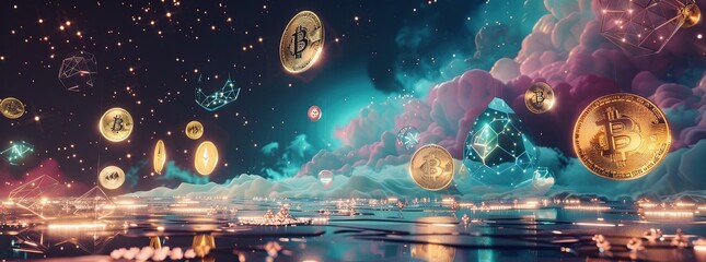 Ethereal landscapes with floating, glowing holograms of various cryptocurrencies.