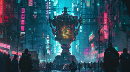 Cyberpunk city with neon lights and flying cars for futuristic or science fiction themed designs