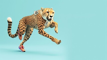 Fast Cheetah as an Athlete: A cheetah in running gear, with a number bib and sneakers, ready to race against a light blue background.