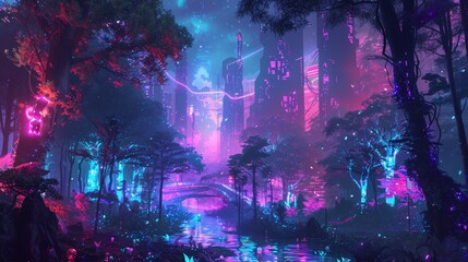 Cyberpunk City with Neon Trees for Futuristic Designs