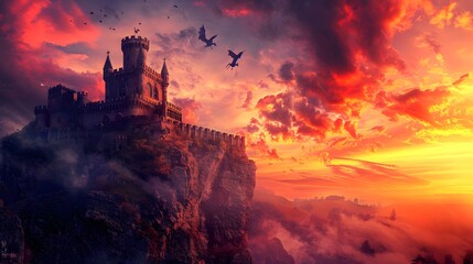 Naklejka premium Enchanted Castle on a Cliff Basks in Dragon-Filled Dramatic Sunset