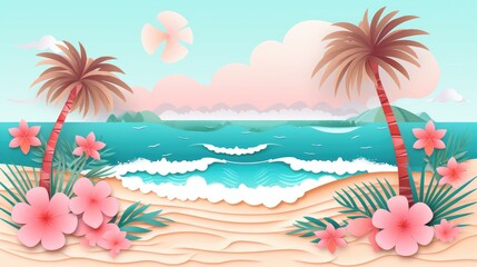 The photo shows the beach, palm trees, and flowers. The colors are pink, blue, and green. The photo is suitable for use as a background for a website or a postcard.